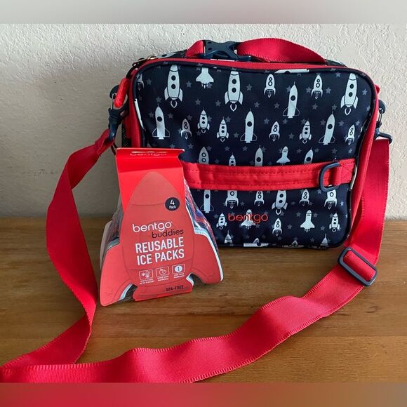 New Bentgo Kids Bundle Insulated Lunch Box Bag Crossbody Ice Packs Rockets - Picture 1 of 8